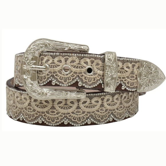 Angel Ranch Accessories - Angel Ranch Western Silver Rhinestone Lace Scalloped Feminine Belt Womens S
